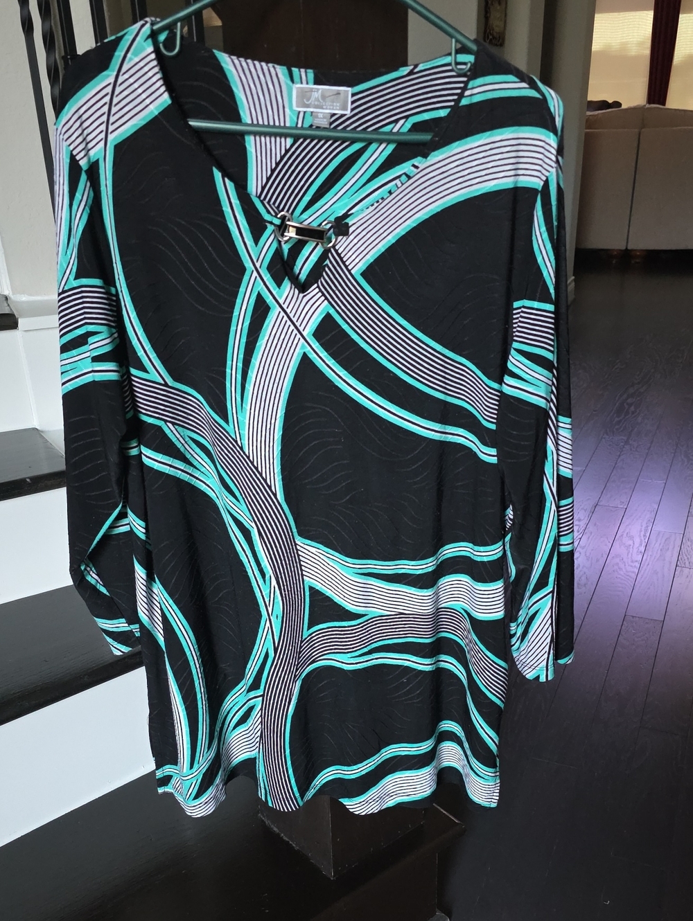JM Collection Black Teal & White Abstract Print Long Sleeve Top